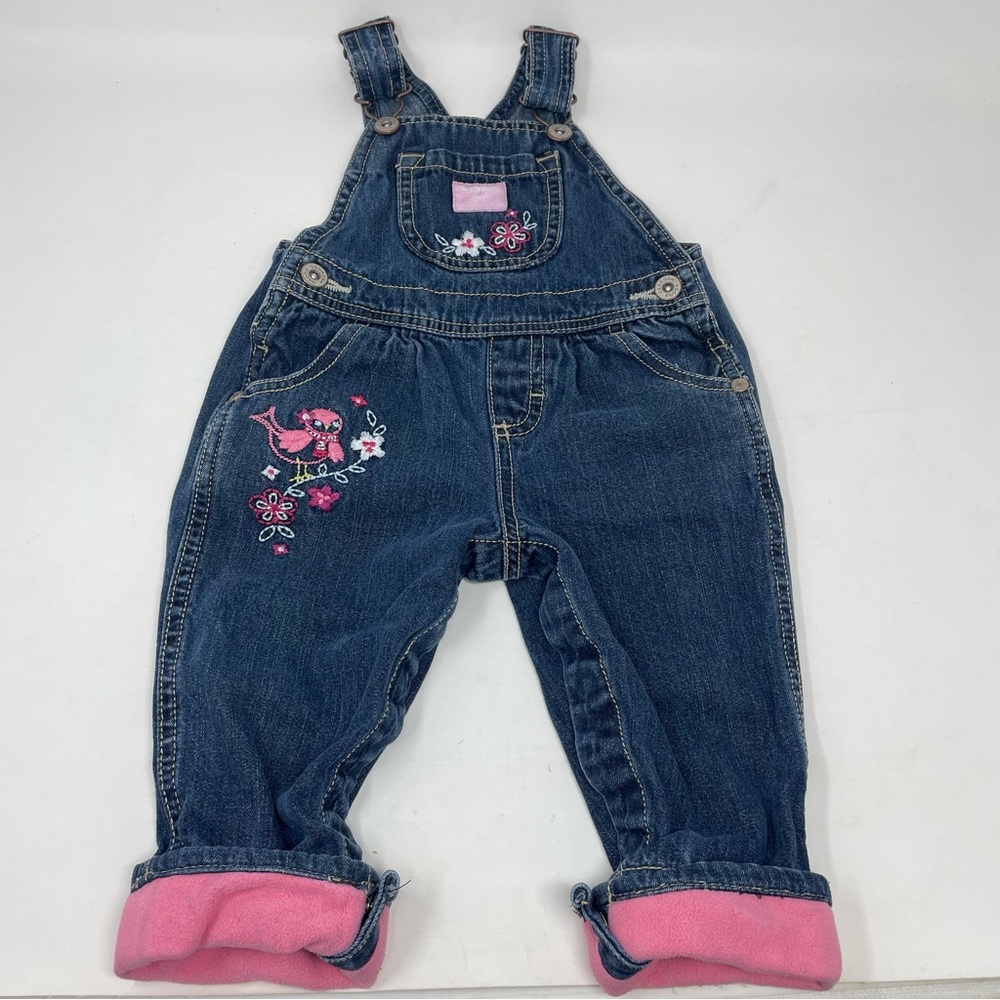 Toddler OshKosh B’Gosh Blue Overalls Pink Floral Bird Embroidery Size 12m
